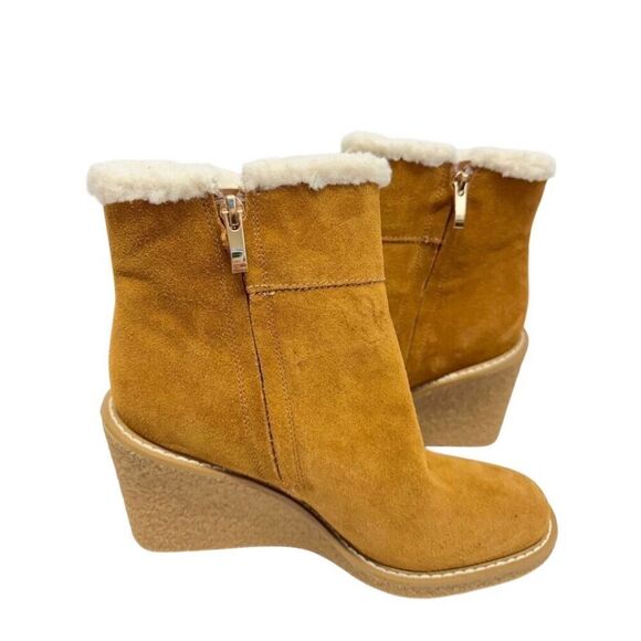 Franco Sarto Boots Size 8 Tan Leather Suede Shearling Wedge Heel Booties - Picture 5 of 9